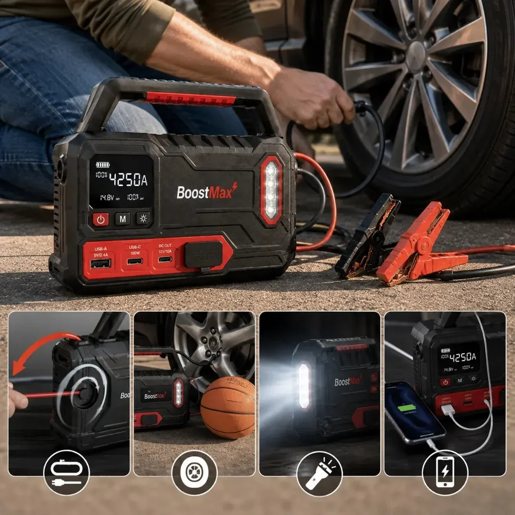 BoostMax — wysuwane kable, kompresor, latarka i power bank